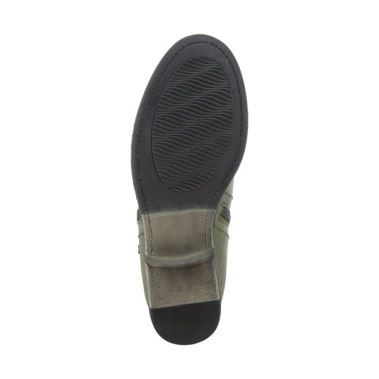 Boot sole with black tread and olive-gray upper, viewed from below