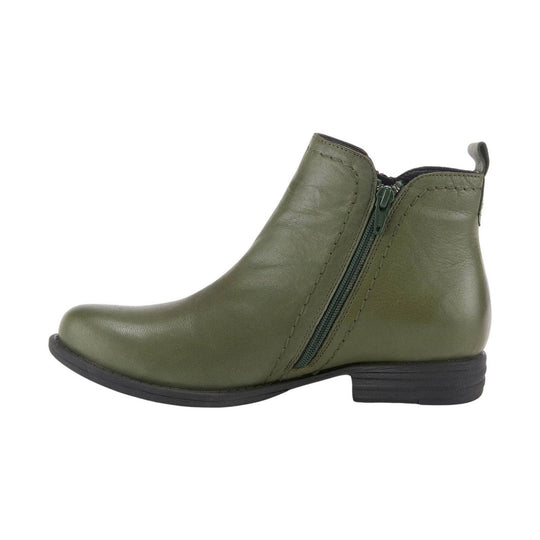 Olive green ankle boot with side zipper, rounded toe, and low black heel