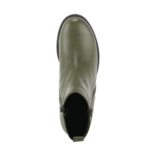 Olive green ankle boot viewed from above with a rounded toe and side zippers