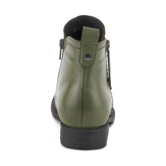 Olive green ankle boot with side zippers and a black rubber sole, shown from the back