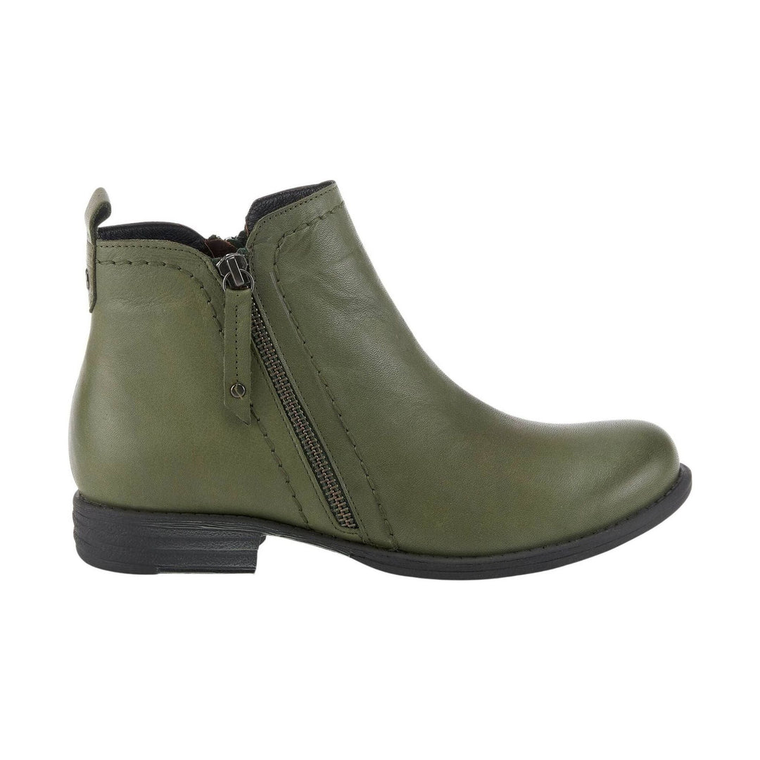 Olive green ankle boot with side zipper and black sole
