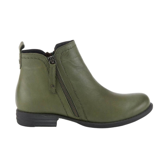 Olive green ankle boot with side zipper and black sole
