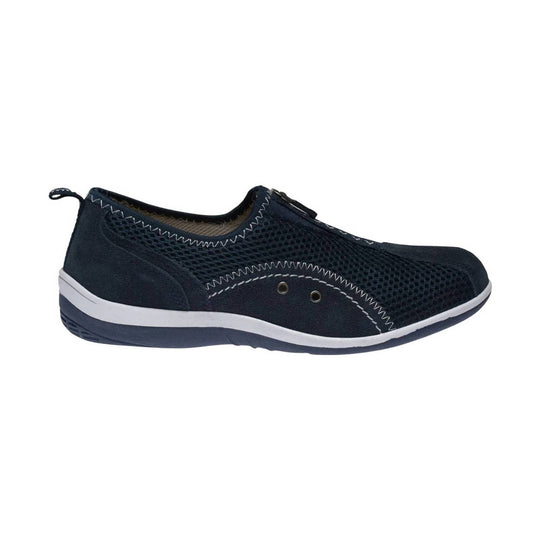 Navy slip-on sneaker with mesh upper, white stitching, and white midsole