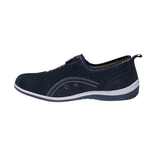 Navy mesh slip-on walking shoe with white stitching and a white-and-blue sole