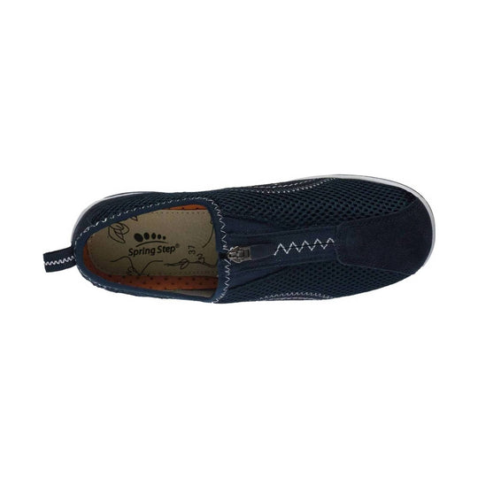 Navy slip-on shoe with mesh upper, side zipper, and pull tab, shown from above