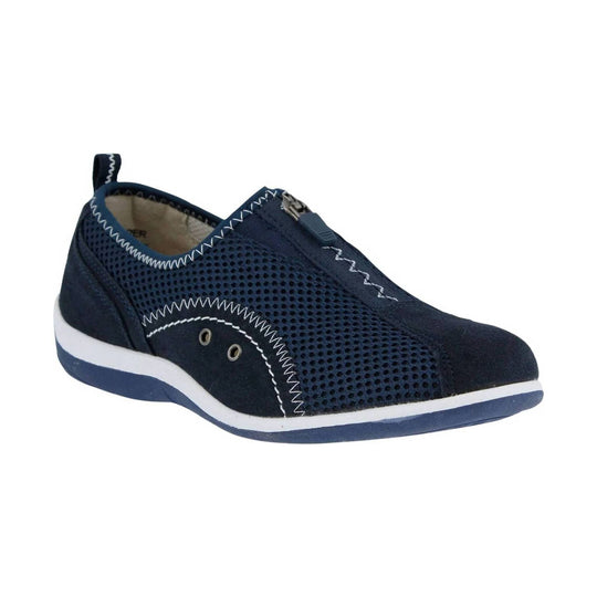 Navy slip-on mesh sneaker with white stitching, zipper closure, and white and blue sole