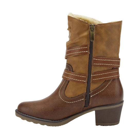 Brown mid-calf heeled boot with faux-fur lining, side zipper, and stitched leather straps