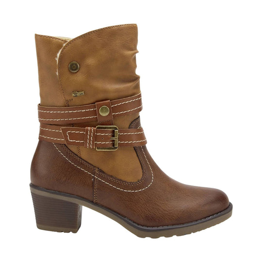 Brown mid-calf boot with a stacked heel, wraparound buckle straps, and white contrast stitching