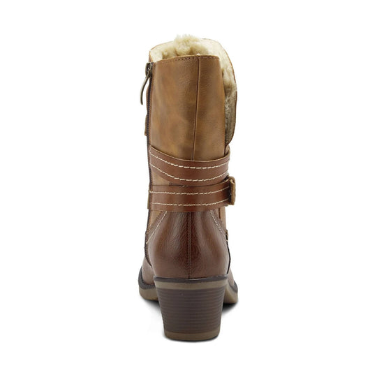 Brown leather ankle boot with faux-fur lining, zipper closure, and stacked block heel, shown from the back