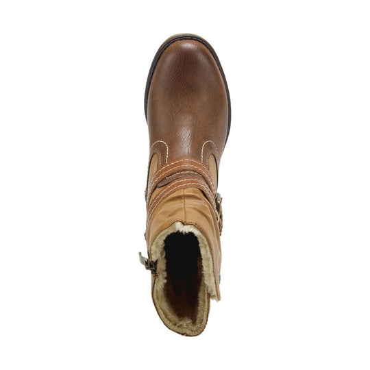 Brown pull-on boot with faux-fur lining, stitched detailing, and side buckle hardware, top view