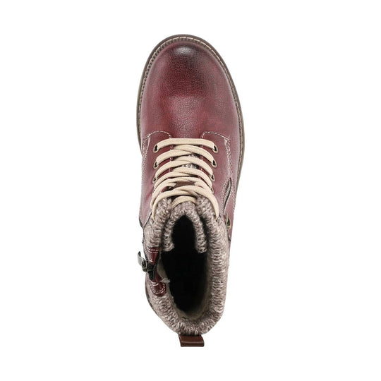 Burgundy lace-up ankle boot with fleece lining and side zipper