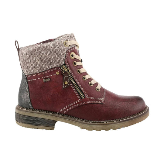 Burgundy lace-up ankle boot with knit cuff, side zipper, and chunky treaded sole