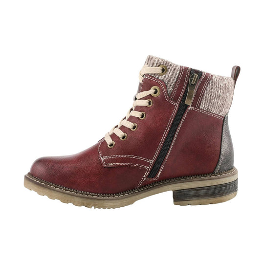 Burgundy lace-up ankle boot with side zipper, knit collar, and low heel
