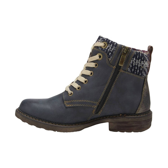 Dark ankle boot with lace-up front, side zipper, patterned collar, and low stacked heel