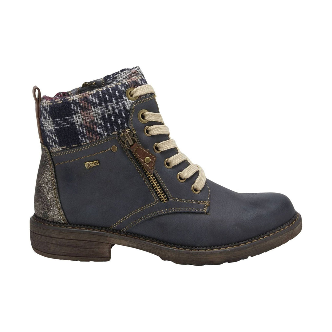 Navy lace-up ankle boot with plaid collar, side zipper, and rugged sole