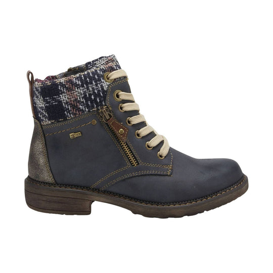Navy lace-up ankle boot with plaid collar, side zipper, and rugged sole