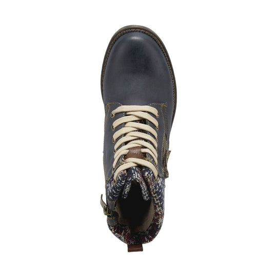 Navy lace-up ankle boot with cream laces and patterned knit collar, top view