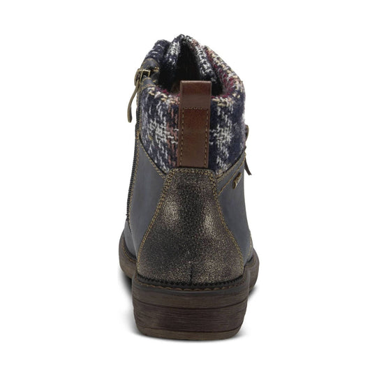 Navy ankle boot with plaid cuff, brown pull tab, and dark wedge sole
