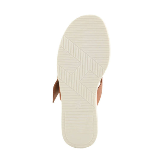 Cream rubber sandal sole with brown leather sides, shown from underneath