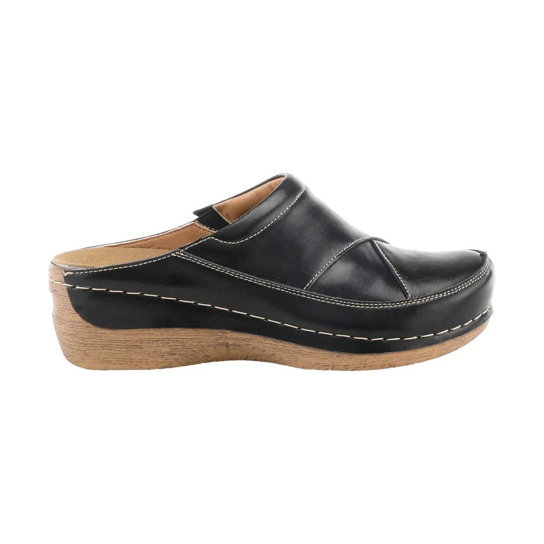 Black leather clog with tan wood-look platform wedge and contrast stitching, side view
