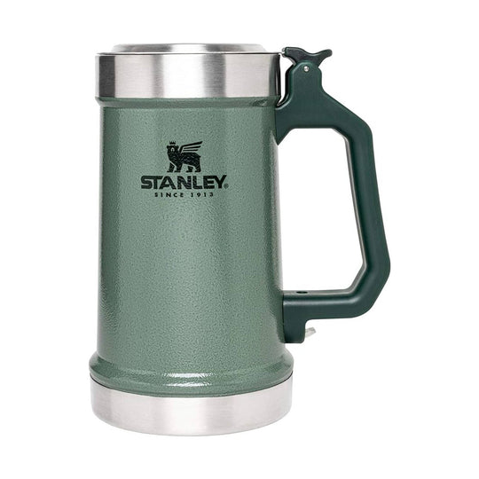 Green insulated beer stein with stainless steel lid and handle