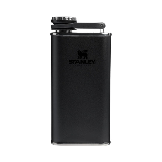 Black metal flask with a hinged cap and Stanley logo