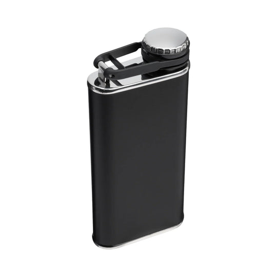 Black metal flask with a silver screw cap and folding top handle.