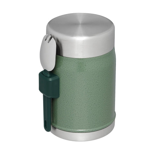 Green insulated food jar with stainless steel lid and attached spork