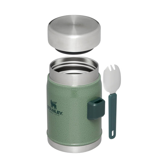 Green insulated food jar with a stainless steel lid and included spork
