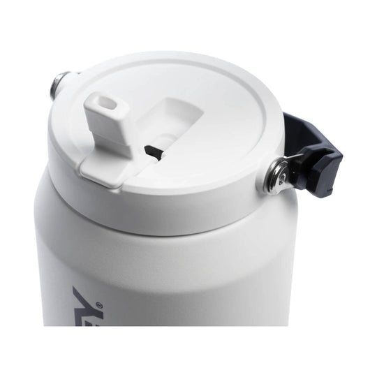 White insulated jug with a flip-up lid, carry handle, and black side latch