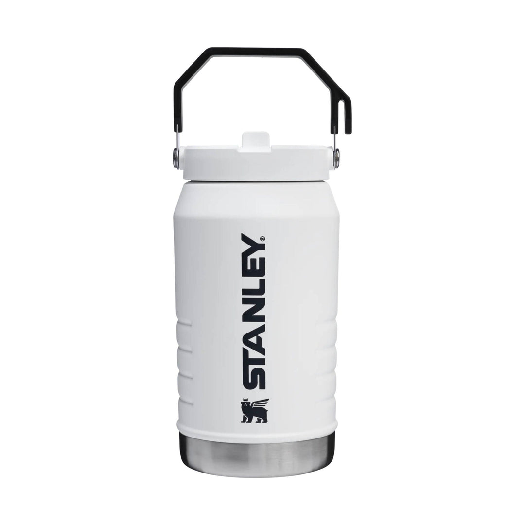 White insulated water jug with black flip handle and stainless steel base, shown front view