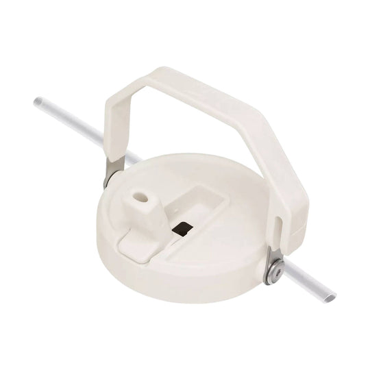 White insulated water jug with flip-up handle and side straw