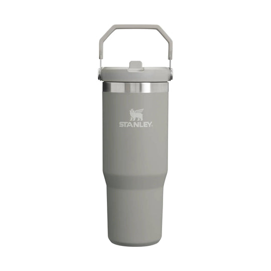 Gray insulated tumbler with a flip-up handle and silver lid