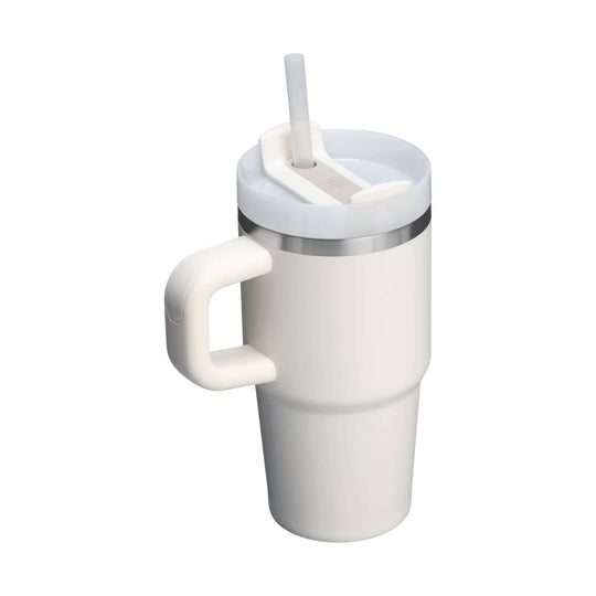 White insulated tumbler with handle, lid, and straw