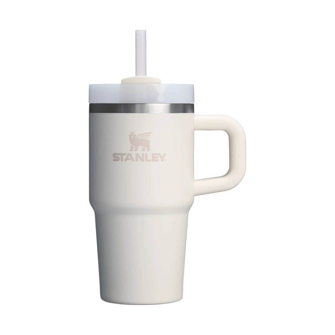 Cream insulated tumbler with handle, lid, and straw