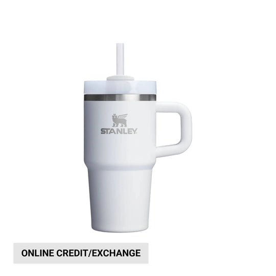 White insulated tumbler with handle, lid, and straw; STANLEY logo on front