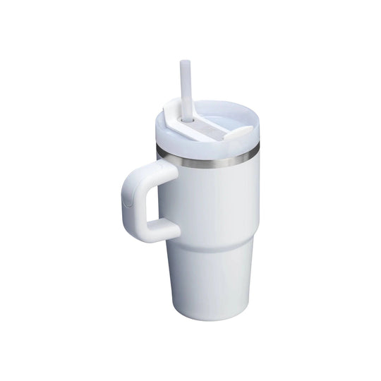 White handled insulated tumbler with lid and straw