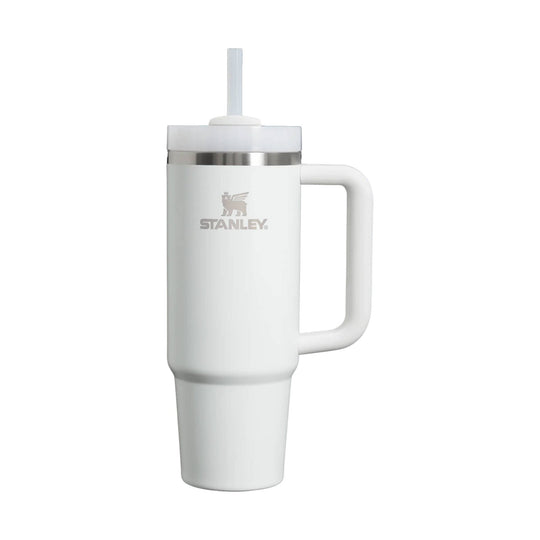 White insulated tumbler with handle, clear straw lid, and Stanley logo