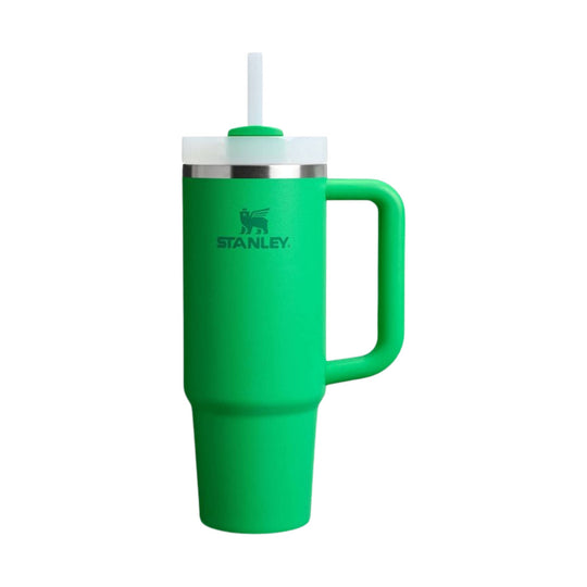 Green insulated tumbler with handle, lid, and straw