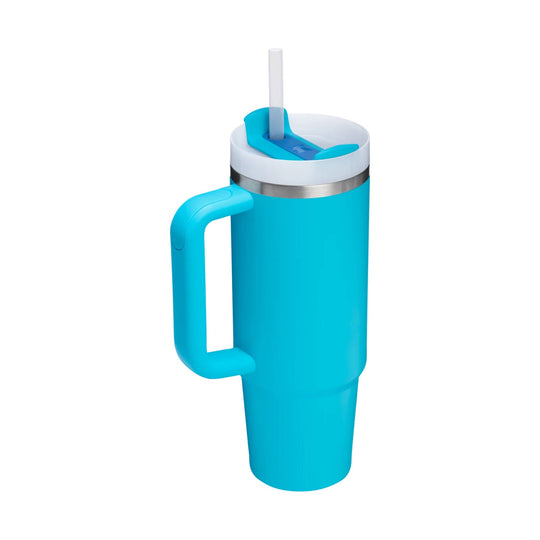Turquoise insulated tumbler with handle, clear straw lid, and silver rim