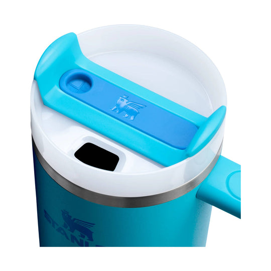 Blue insulated tumbler with clear lid and side handle