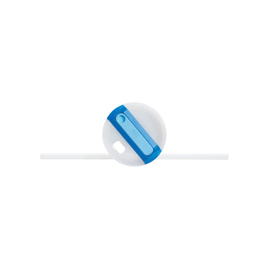 Clear tumbler lid with a blue sliding closure and white straw opening