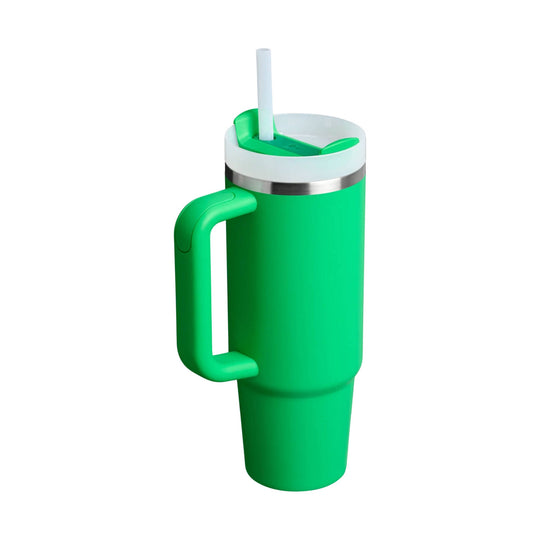 Green insulated tumbler with a handle, white lid, stainless steel band, and straw