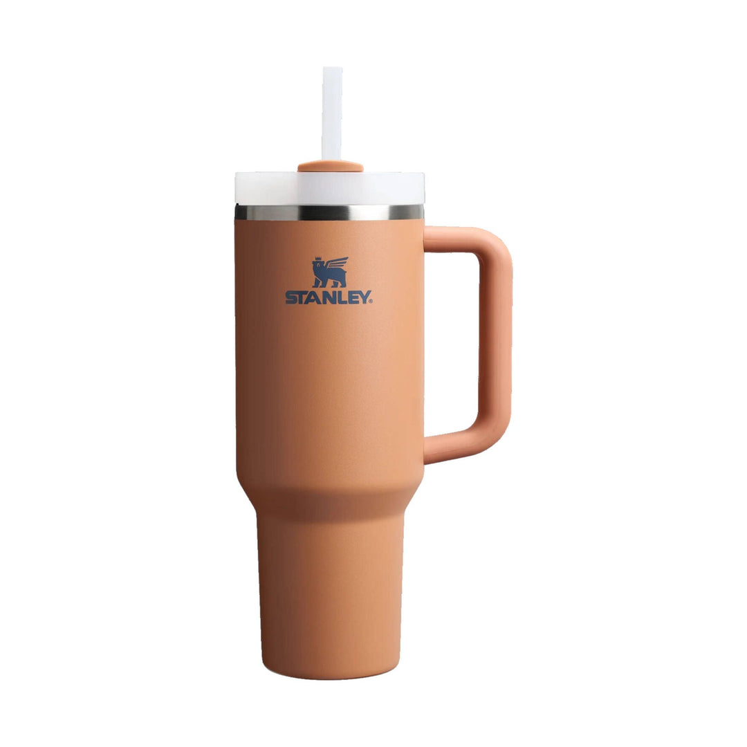Peach insulated tumbler with handle, lid, and straw, with Stanley logo