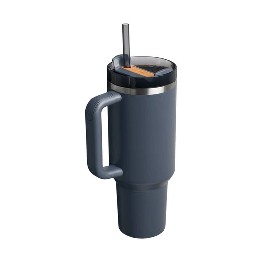 Dark gray insulated tumbler with handle and straw lid on a white background