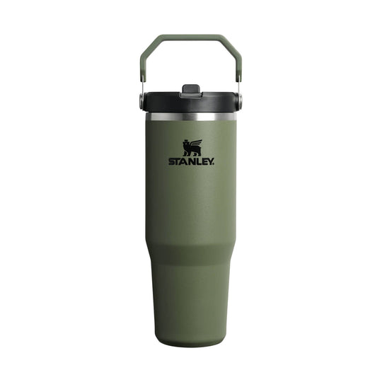 Olive insulated travel tumbler with black flip-top lid and folding handle