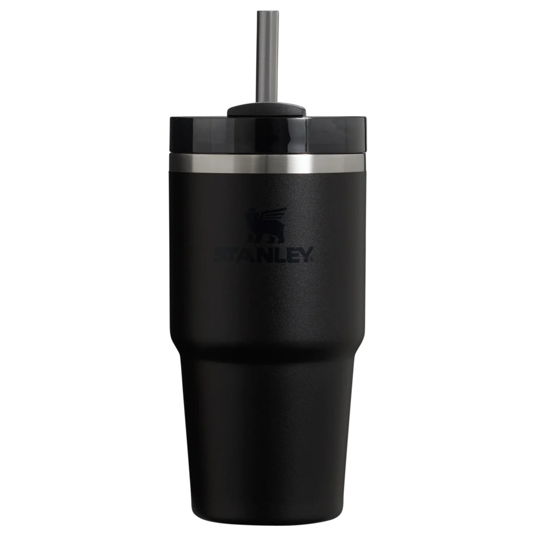 Black insulated tumbler with stainless steel band and straw lid