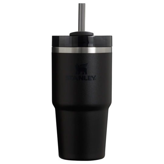 Black insulated tumbler with stainless steel band and straw lid