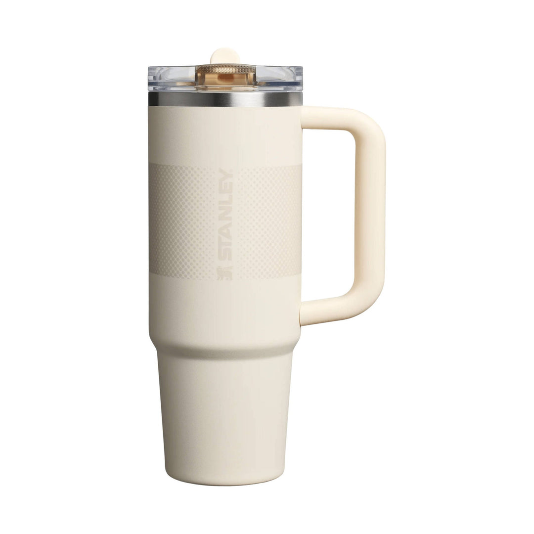 Cream insulated tumbler with handle and clear flip-straw lid