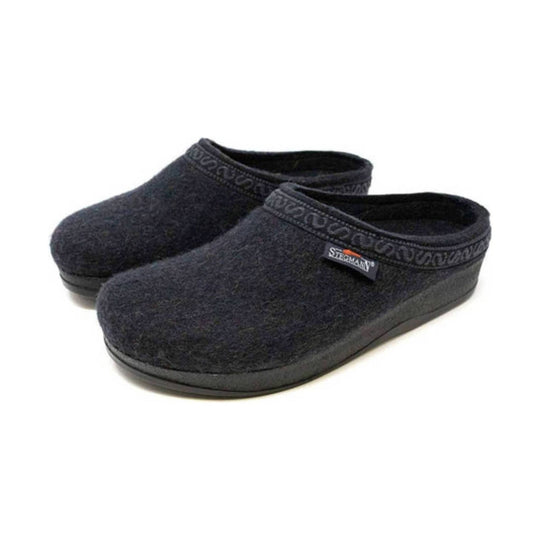 Pair of dark slip-on clog slippers with black soles and woven trim